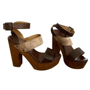 Bed Stu Bovine Leather Wood Platform Boho Distressed Rustic Chunky Marilyn Heels